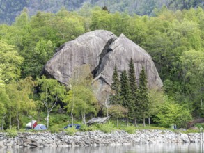 Split rock, campground of Odda City at Sorfjord, Hordaland County, Norway, Europe