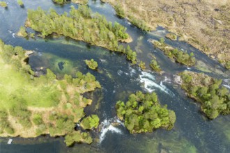 Islands in river Gaula, Gaularfjell mountain area, early spring, aerial view, national tourist