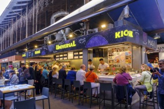 Tapas restaurant at La Boqueria market, Barcelona, Catalonia, Spain, Europe