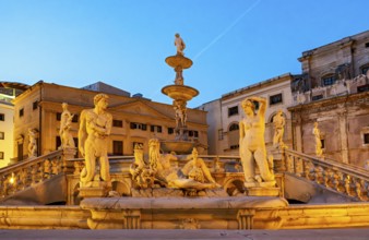 Praetorian Fountain by night, Piazza Pretoria, Palermo, Sicily, Italy, Europe