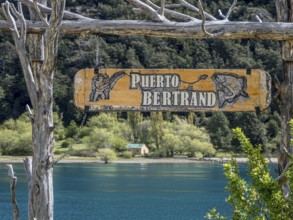 Village Puerto Bertrand at river Rio Baker, information sign, Patagonia, Chile, South America