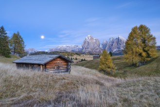 Autumn on the Seiser Alm, Alpine huts with Plattkofel and Langkofel, blue hour, full moon,