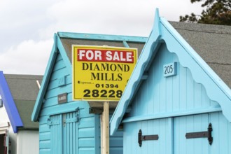 Estate agent for sale sign on seaside beach hut building, Felixstowe, Suffolk, England, UK