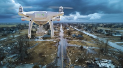 Quadcopter UAV search and rescue SAR drone flying A search above A tornado path of destruction, AI