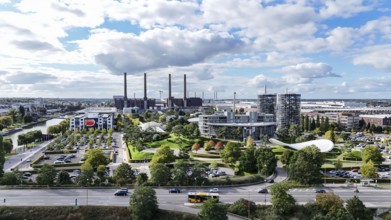 Volkswagen plant and the Autostadt car towers, Wolfsburg, 29.09.2024. The Volkswagen Group has