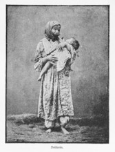 Standing beggar woman with child, Constantinople, Istanbul, portrait, woman, Turkey, historical