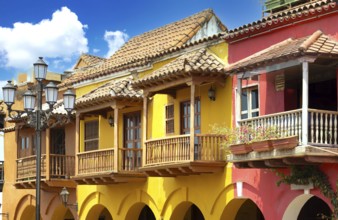 Colombia, colonial old Cartagena Walled City streets and colorful houses in historic center, South