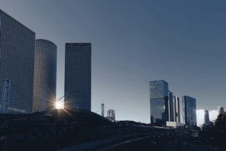 Israel, Tel Aviv financial business district skyline includes shopping malls and high tech offices,