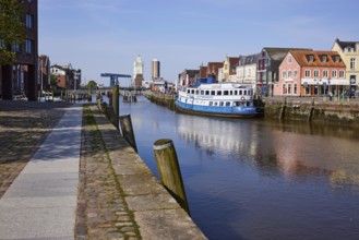 Husum harbour with the restaurant ship MS Nordertor in Husum, North Friesland district,