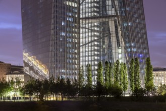 ECB, European Central Bank. Skyline of Frankfurt am Main in the evening, banking district,