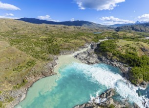 Confluence of river Rio Baker and Rio Neff, aerial view, muddy water of Rio Neff merges with