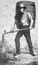 19th century engraving showing man carrying cask, barrel on his back and fertilizing field with