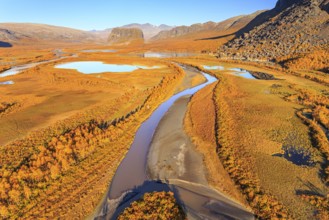 Lake, river, river delta, autumn colours, autumn, mountains, sunny, aerial view, Rapadalen, view of