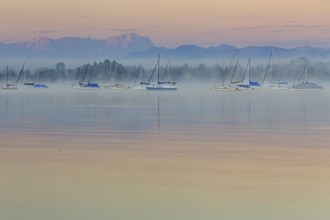 Sailboats reflected in the lake, morning mood, peace, silence, fog, Lake Starnberg, behind