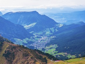 The village of Ortisei in Val Gardena, drone shot, Val Gardena, Dolomites, Autonomous Province of