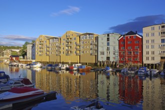 Wooden houses on the waterfront in the evening light with reflections and boats, harbour scene