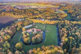 Autumn forest with the Füchtel estate, aerial view, drone, Füchtel, Vechta, Lower Saxony, Germany,