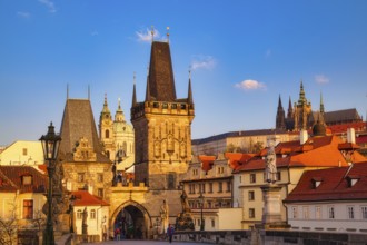 Lesser Town Bridge Tower in the early morning, Charles Bridge in Prague, Czech Republic, Europe