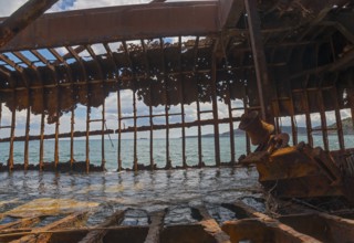 Rusty, dilapidated shipwreck with a view of the sea through a corroded metal structure, Dimitrios