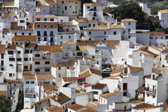 Typical white village of Casares, houses on the hillside, close-up, Route of the white villages,