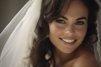 Smiling happy bride in wedding dress with veil. KI generiert, generiert AI generated