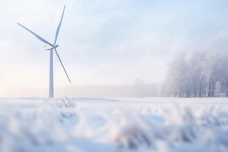 Snow landscape with wind mill turbine. KI generiert, generiert AI generated