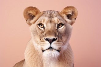 Portrait of female lioness in front of peach colored studio background. KI generiert, generiert AI