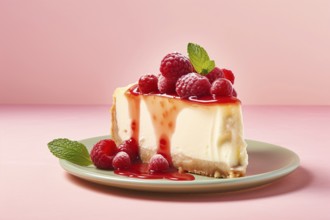 Single slice of cheesecake with red fruits on plate in front of pink background. KI generiert,