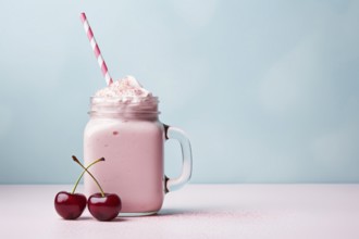 Glass jar with pink cherry smoothie, drinking straw and fruits on pastel blue background with copy