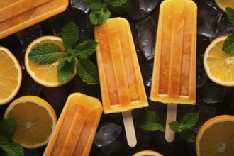 Orange ice popsicles surrounded by orange fuit slices. KI generiert, generiert AI generated