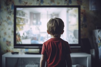 Back view of young boy child watching TV. KI generiert, generiert AI generated