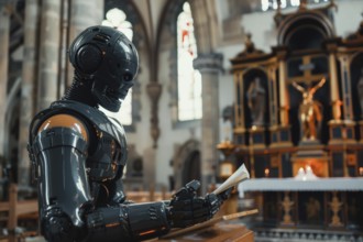 Humanoid reading next to an altar in a church, vision of the future, science fiction, AI generated,