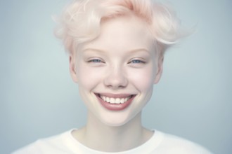 Portrait of happy woman with white hair and white lashes caused by Albinism. KI generiert,