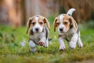 Two cute Beagle pups playing in the grass, AI generated