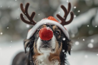 Dog with funny red nose and reindeer costume antlers in snow. Generative Ai, AI generated