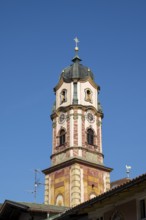 Church tower, Church of St Peter and Paul, Mittenwald, Werdenfelser Land, Upper Bavaria, Bavaria,