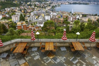 Terrace with Cityscape and Lake Lugano in a Cloudy Day in Ticino, Switzerland, Europe