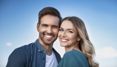 AI generated, An attractive couple, man, woman, 25, 30, years, portrait, beautiful teeth, two