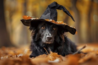 Cute black dog with Halloween costume withc hat lying in autumn forest with colorful leaves.