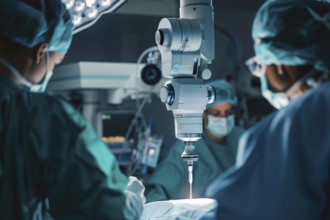 Doctors and assistance in surgery with modern laser technology. Generative Ai, AI generated