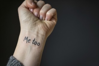 Close up of tattoo with text 'Me too' on woman's wrist. Generative AI, AI generated