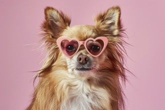 Cute small Chihuahua dog with pink heart shaped glasses on pastel pink background. Generative Ai,