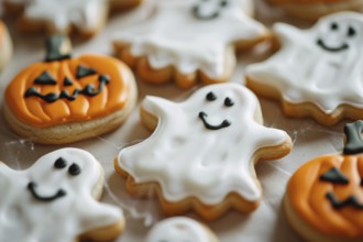 Close up of ghost and pumpkin shaped Halloween cookies with icing. Generative Ai, AI generated