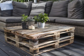 Pallet table with couch in garden. Generative AI, AI generated