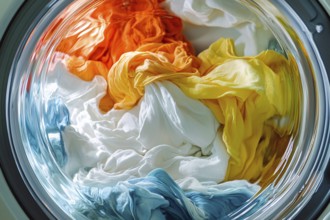 Close up of white and colorful clothes in washing machine. Generative Ai, AI generated