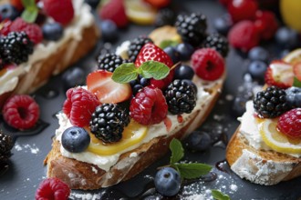 Slice of bread with ricotta cheese, berry fruits, lemon and honey. Generative AI, AI generated