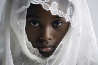 Close up of african american teenage girl in wedding dress. KI generiert, generiert AI generated