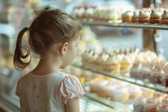 Young girl child looking at various cupcakes through shopping window of pastry shop. KI generiert,