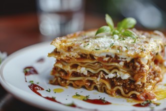 Piece of lasagna on white plate. KI generiert, generiert, AI generated