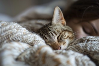 Cute tabby cat sleeping with human in bed. KI generiert, generiert, AI generated